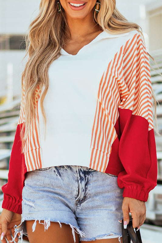 Stripe Colorblock V-Neck Oversized Sweatshirt