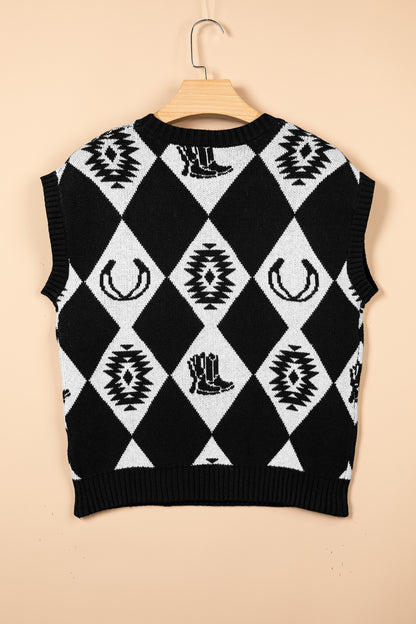 Western Retro Rhombus Short Sleeve Knit Top