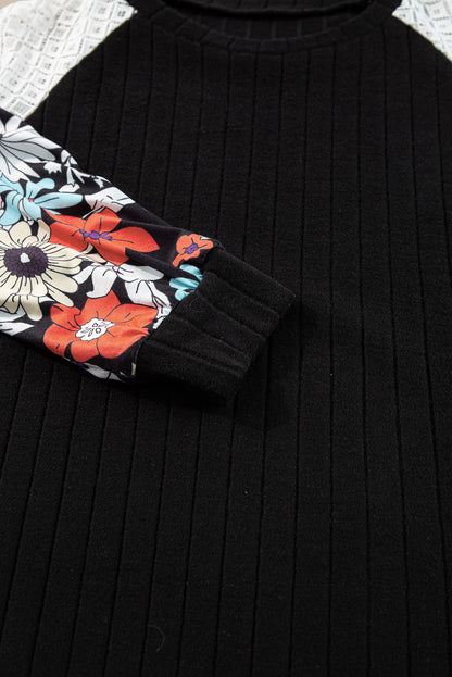 Floral Ribbed Patchwork Long Sleeve Blouse
