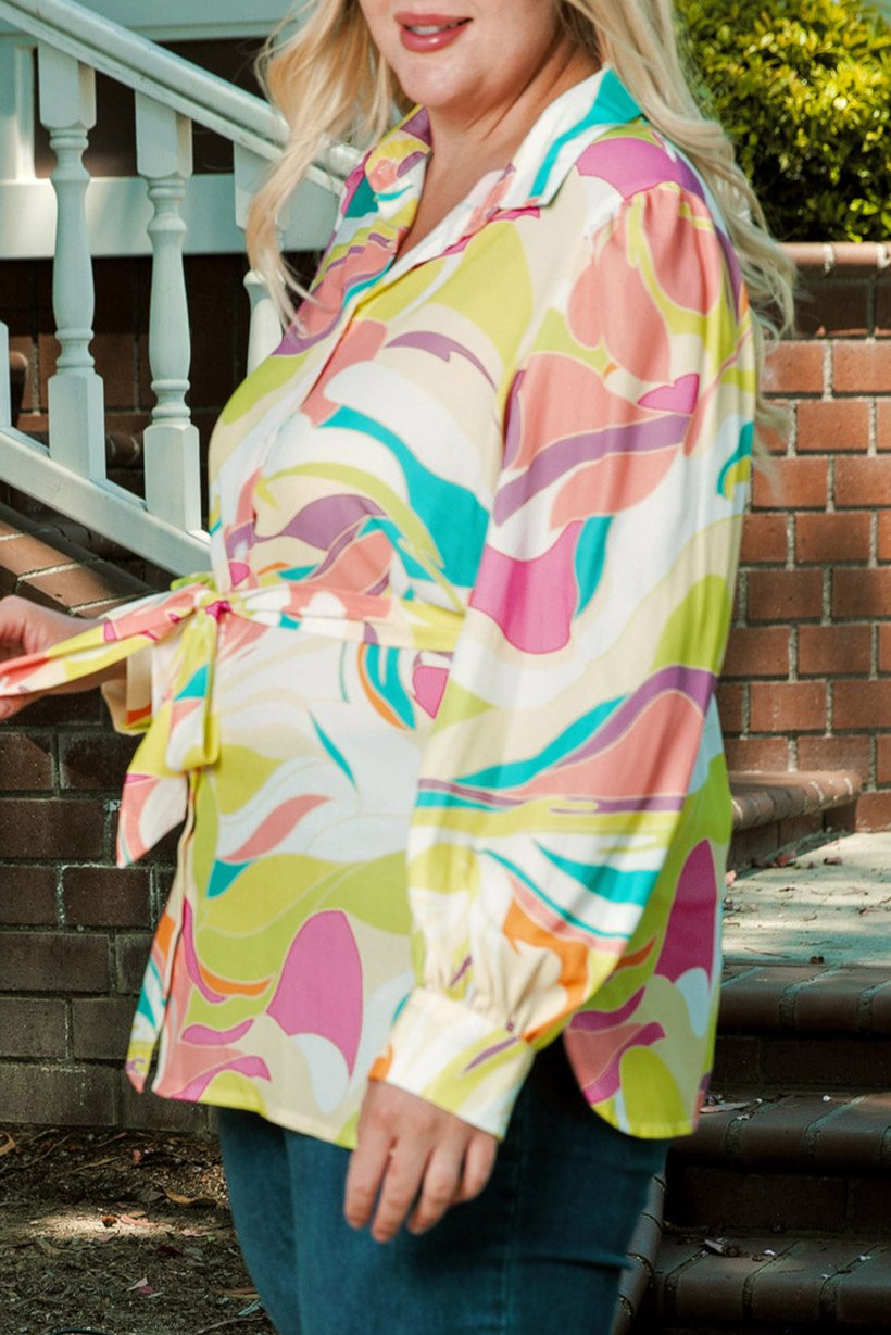 Plus Size Abstract Belted Tunic Shirt