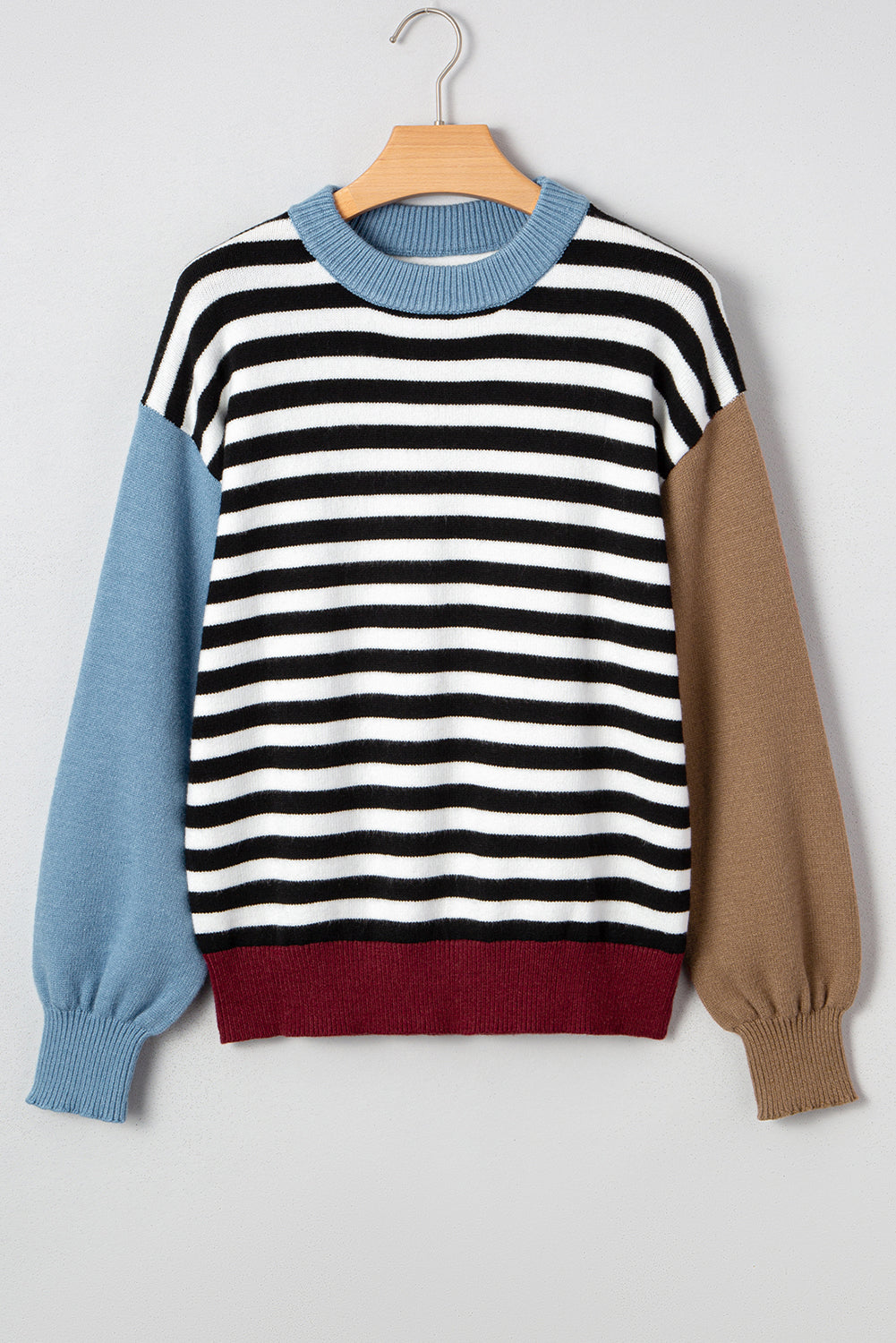 Stripe Colorblock Ribbed Trim Long Sleeve Sweater