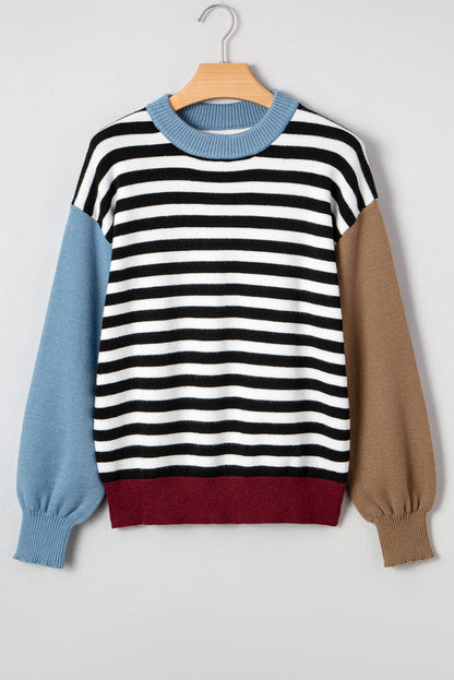 Stripe Colorblock Ribbed Trim Long Sleeve Sweater