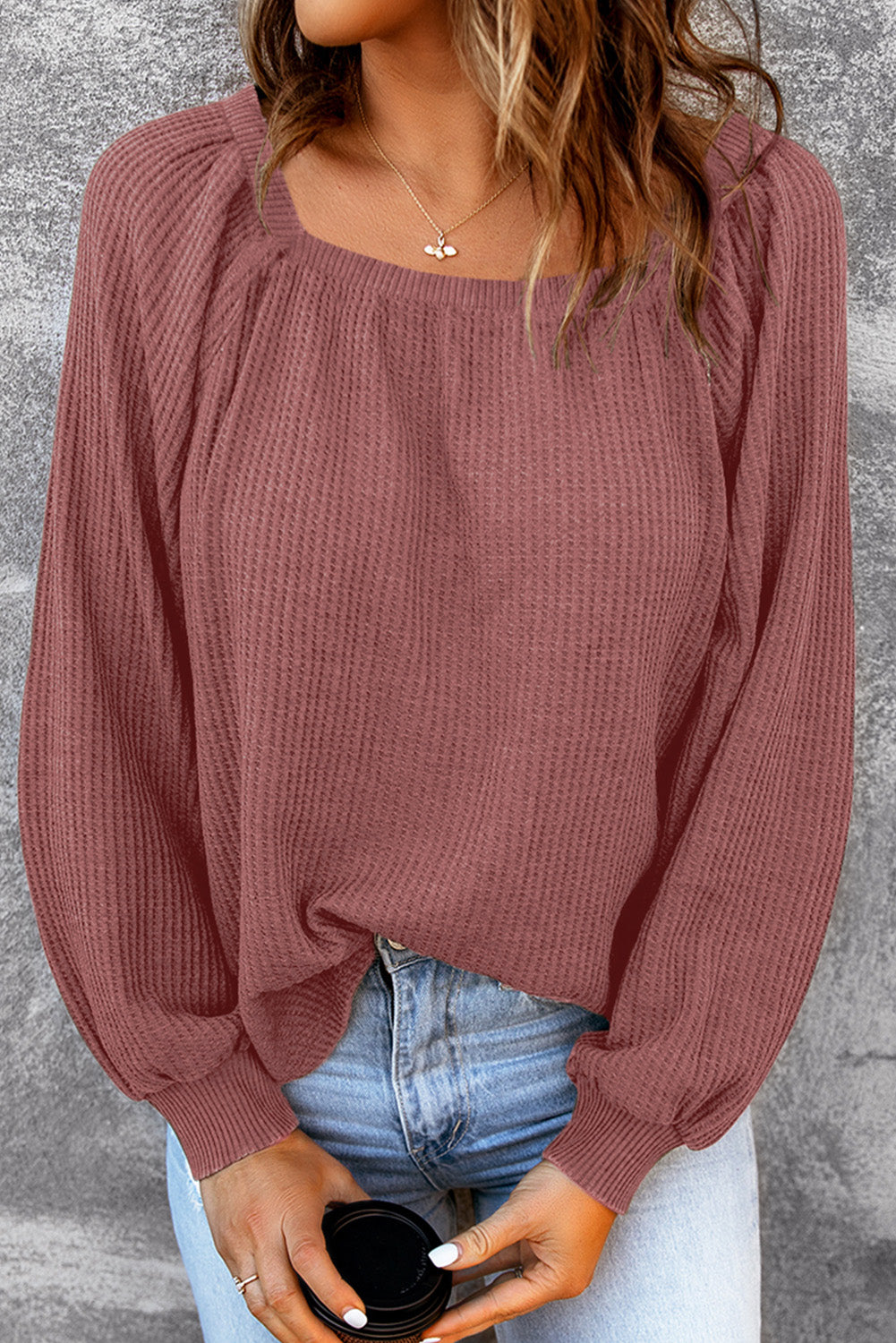 Waffle Square Neck Puff Sleeve Top