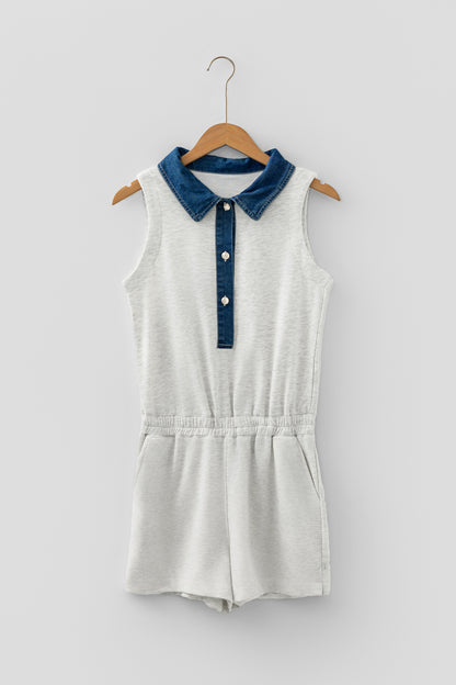Denim Patchwork Polo Collar Sleeveless Romper