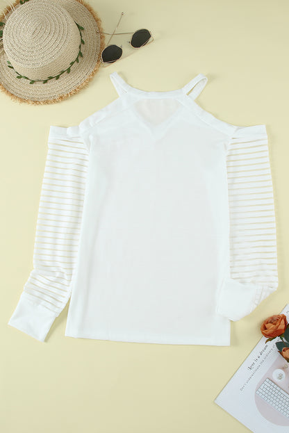 Stripe Mesh Cold Shoulder T-Shirt