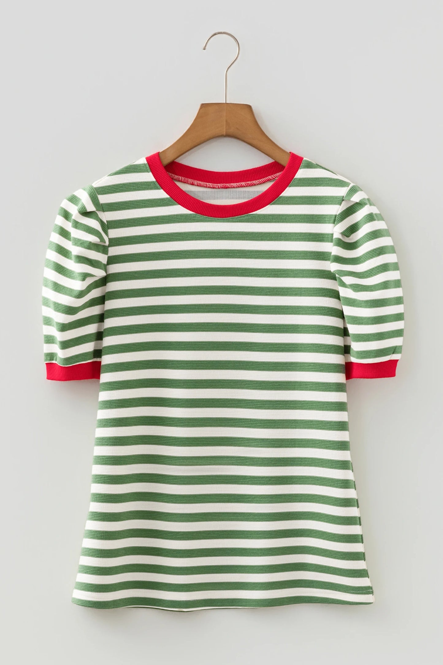 Stripe Contrast Trim Short Puff Sleeve Tee