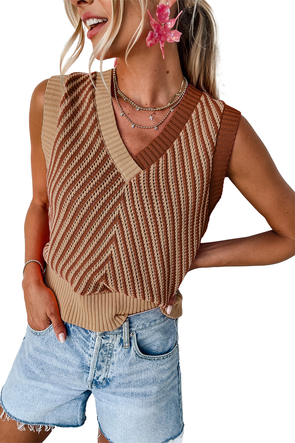 Chevron Colorblock Sleeveless Sweater Top