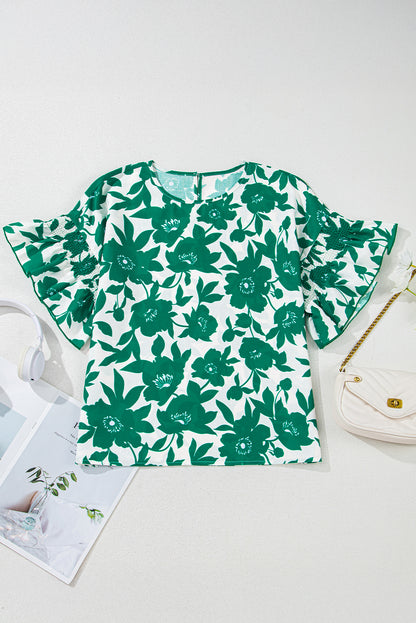 Floral Ruffle Short Sleeve Round Neck Blouse