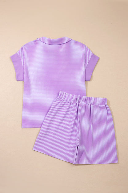 Stripe Dolman Sleeve Polo Shirt & Drawstring Shorts Set