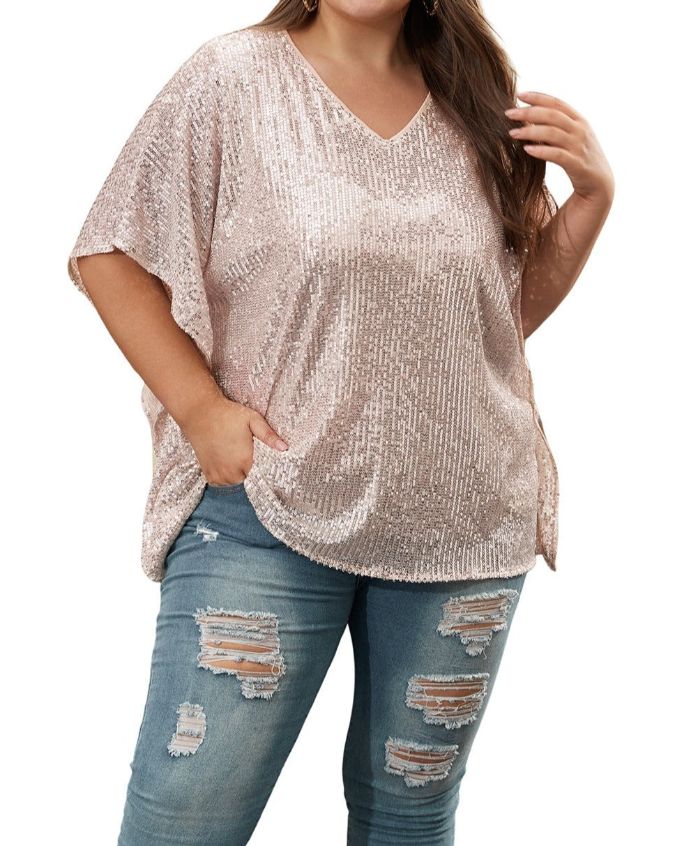 Sequin V-Neck Boxy Top Plus Size