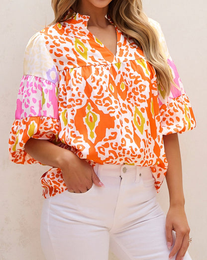 Leopard Colorblock Puff Sleeve Blouse