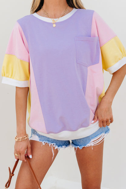Colorblock Patchwork 3/4 Sleeve Chest Pocket T-Shirt