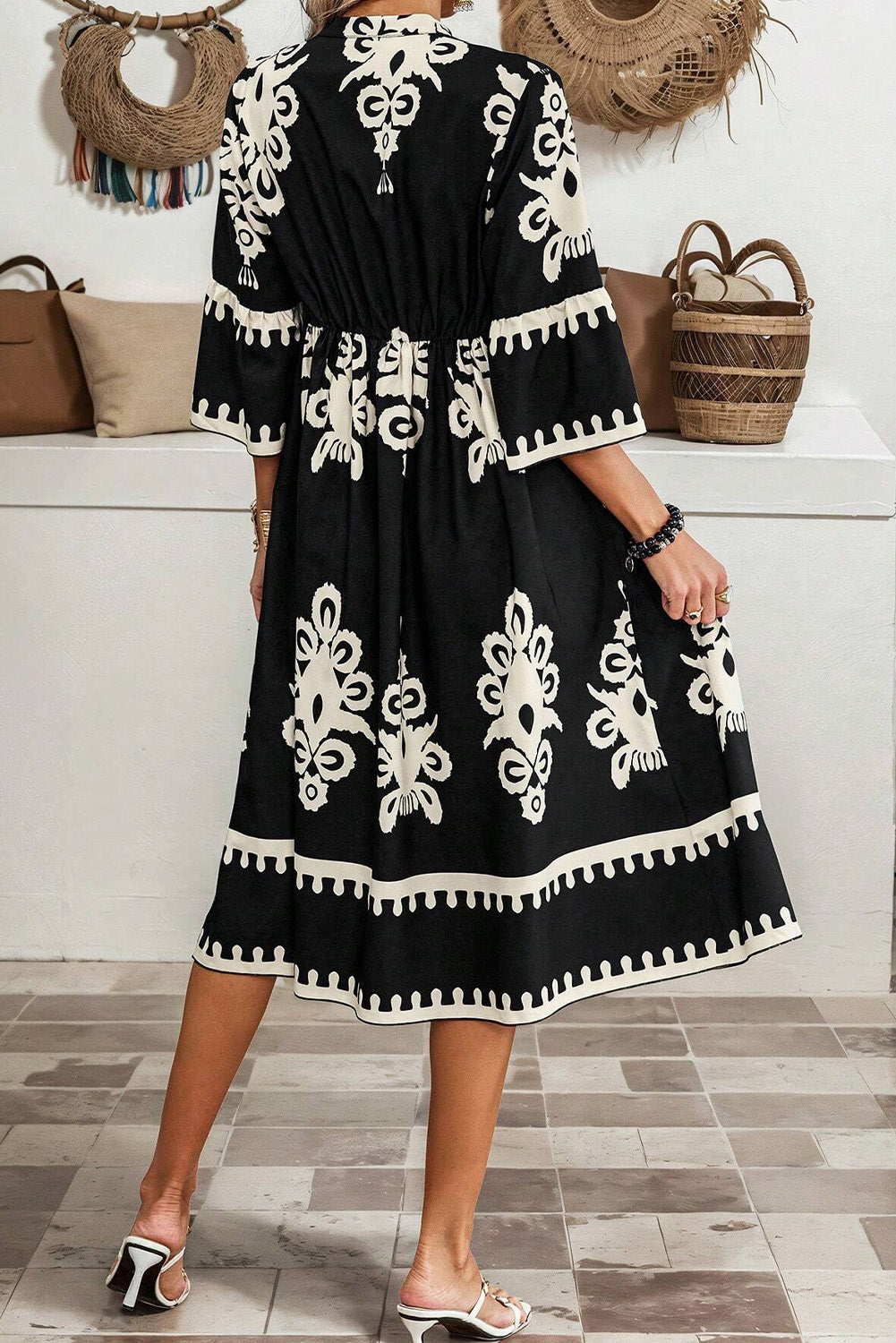 Western Geometric 3/4 Sleeve Midi Dress