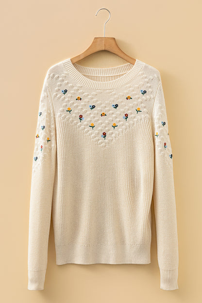 Floral Embroidered Textured Knit Sweater