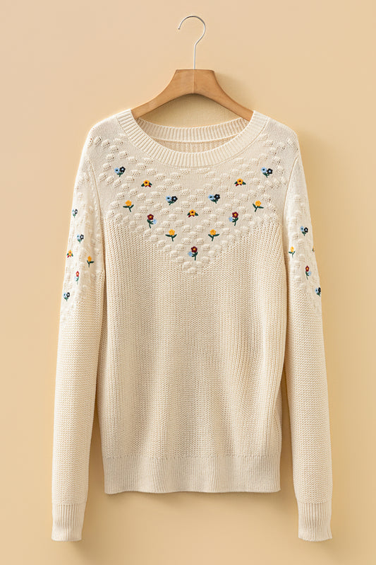 Floral Embroidered Textured Knit Sweater