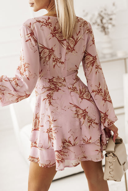 Floral Tie Waist Layered Ruffle Dress