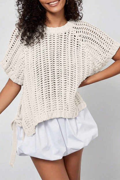 Plus Size Crochet Bow Tie Short Sleeve Sweater