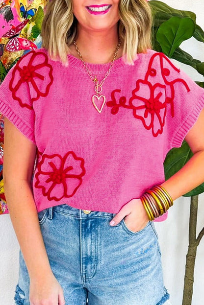 Floral Embroidered Short Sleeve Sweater Top