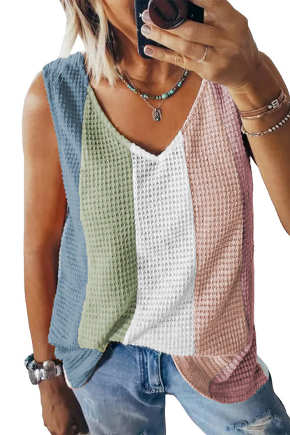 Colorblock Stripe Waffle V-Neck Top