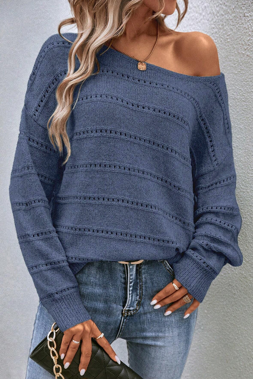 Pointelle Knit Boatneck Sweater