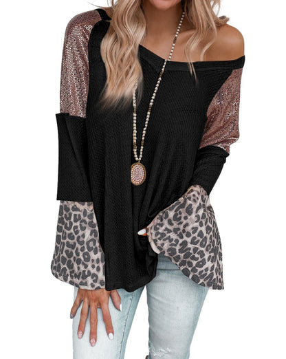 Patchwork Leopard Sequin Waffle Top