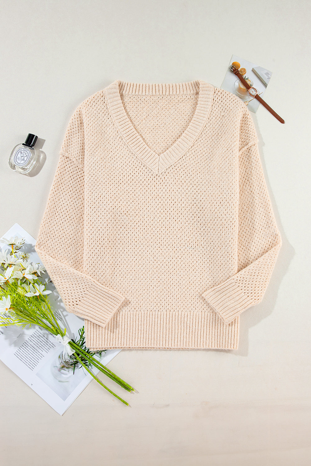 Eyelet V-Neck Drop Shoulder Sweater