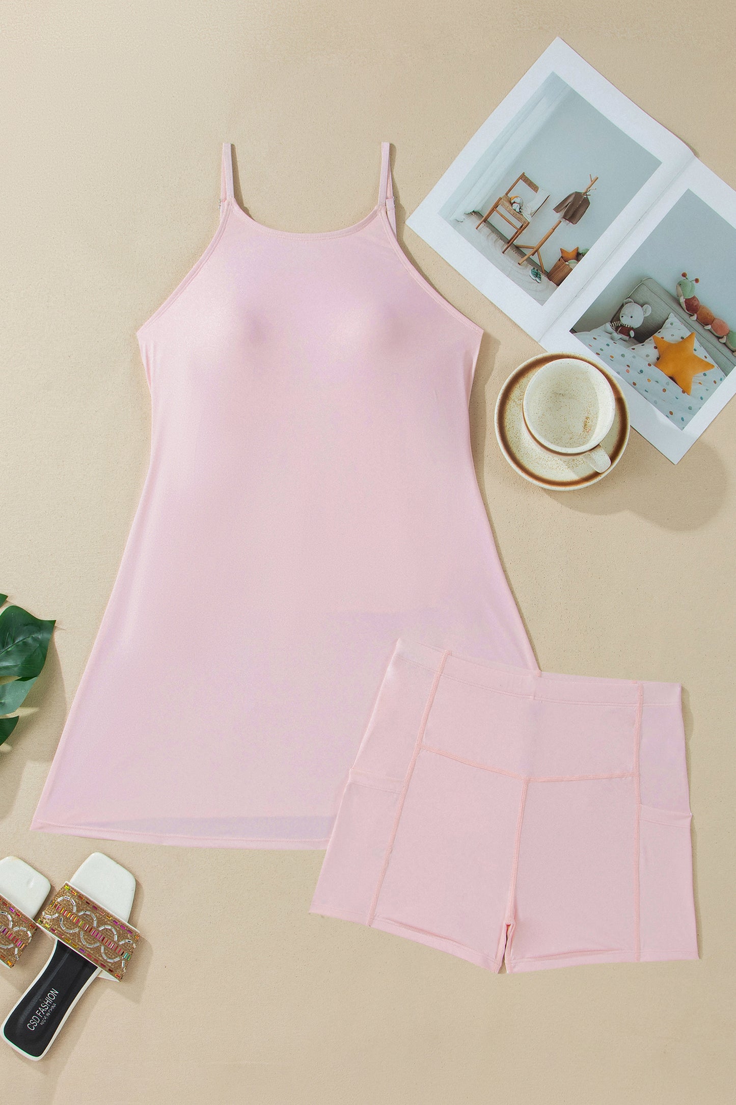 Solid Tunic Tank Dress & Shorts Athletic Set