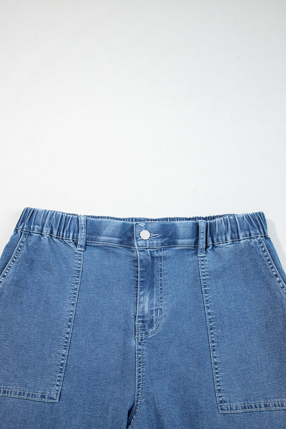 Plus Size Denim Elastic Waist Ruffle Wide Leg Pants