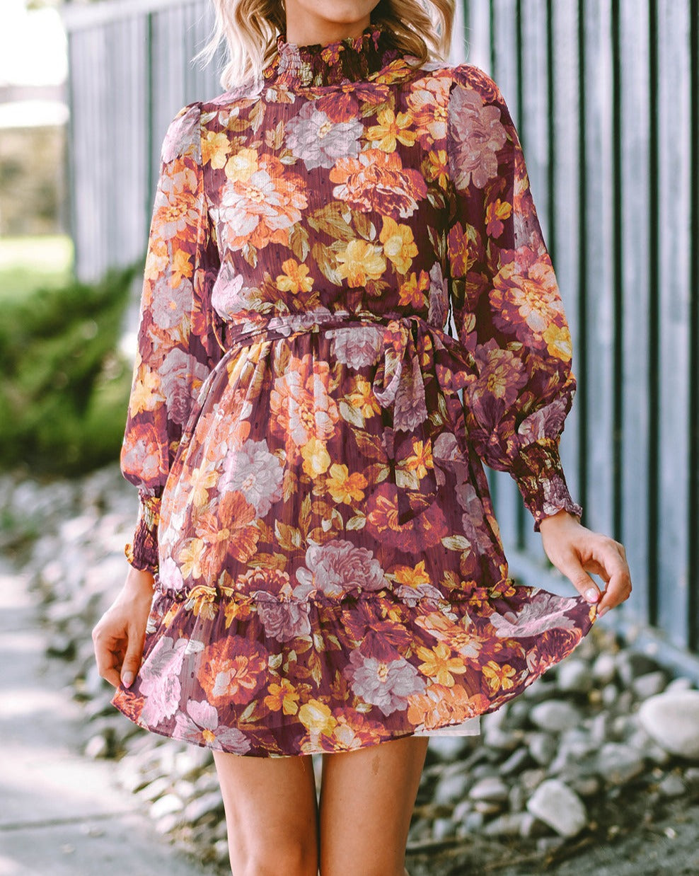 Floral Smocked Mock Neck Dress