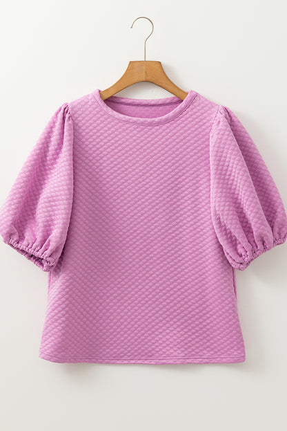 Solid Textured Round Neck Puff Sleeve Blouse