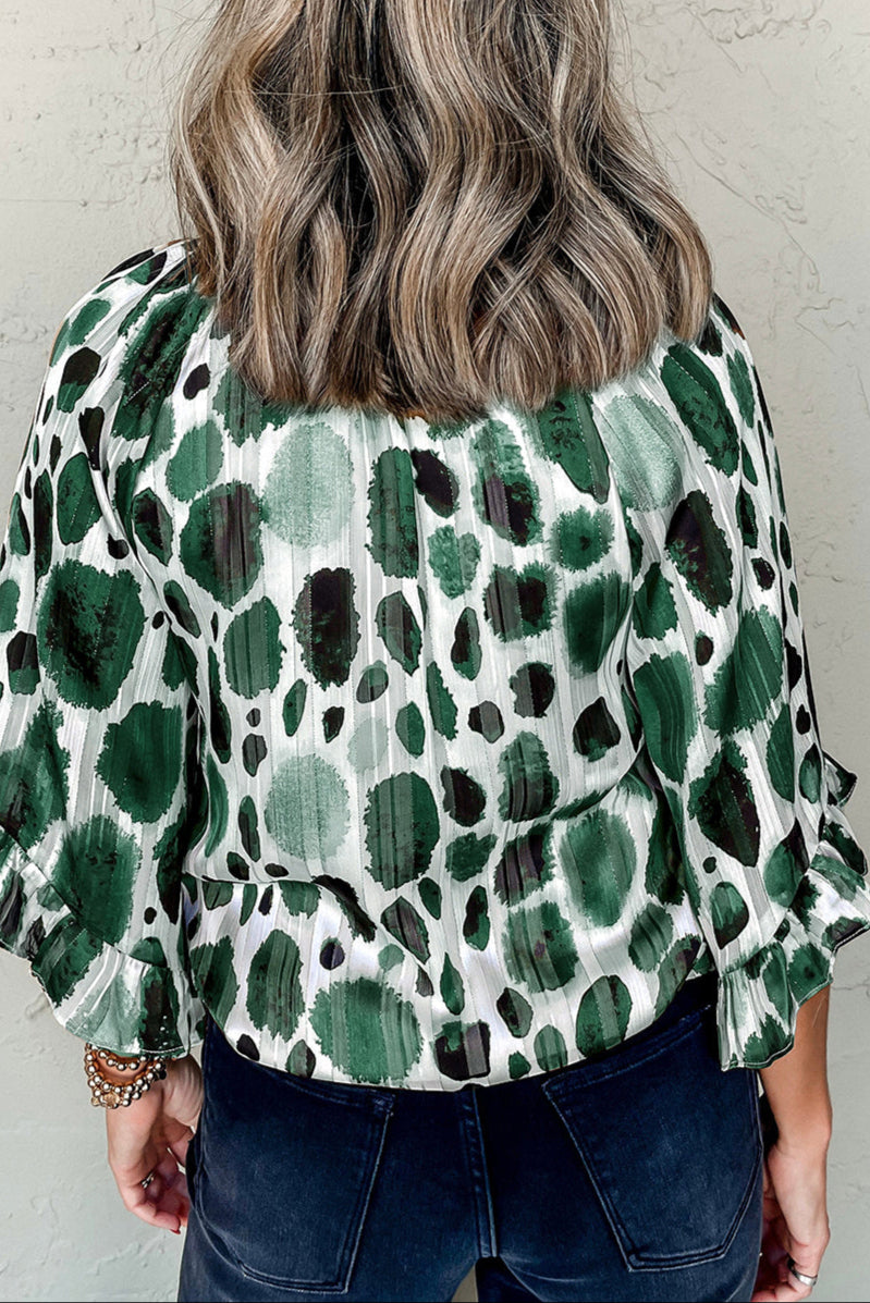 Abstract Ruffle 3/4 Sleeve Blouse