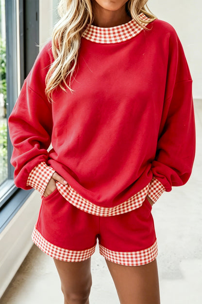 Gingham Trim Long Sleeve Pullover and Shorts Set