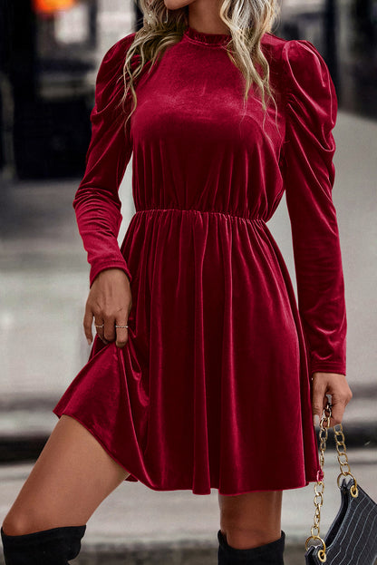 Velvet Ruched Puff Sleeve Dress