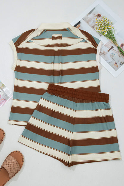 Stripe Polo Collar Tee and Patchwork Shorts Set