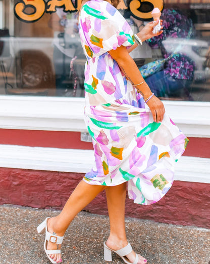 Abstract Puff Sleeve Midi Dress