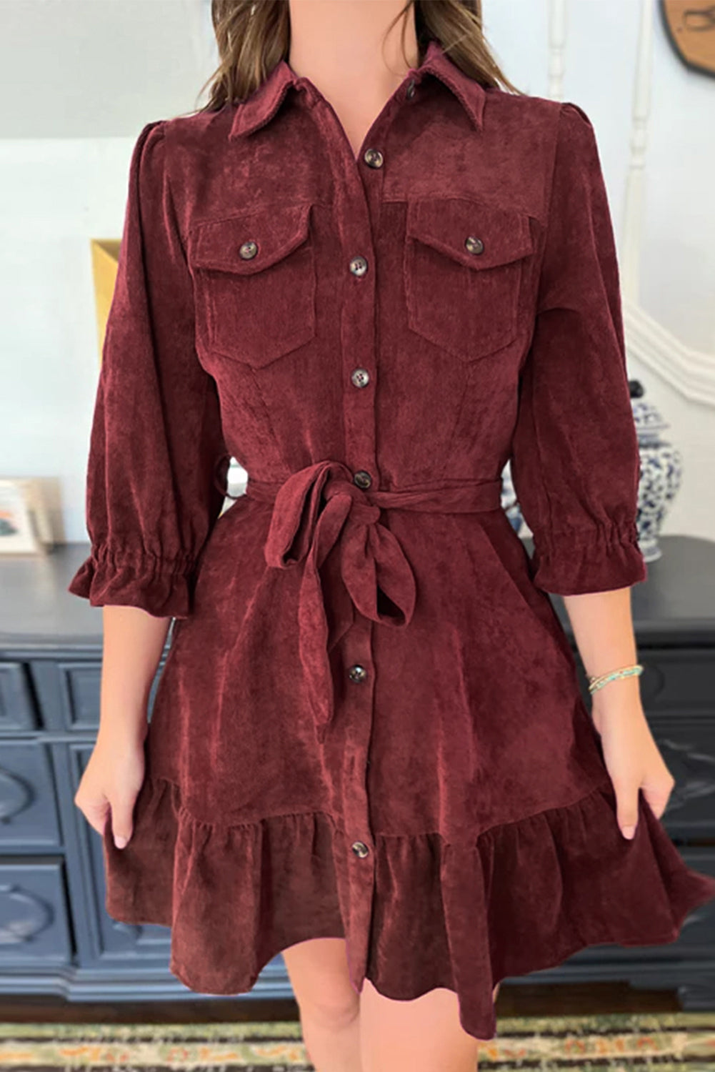 Corduroy Ruffle Hem Shirt Dress