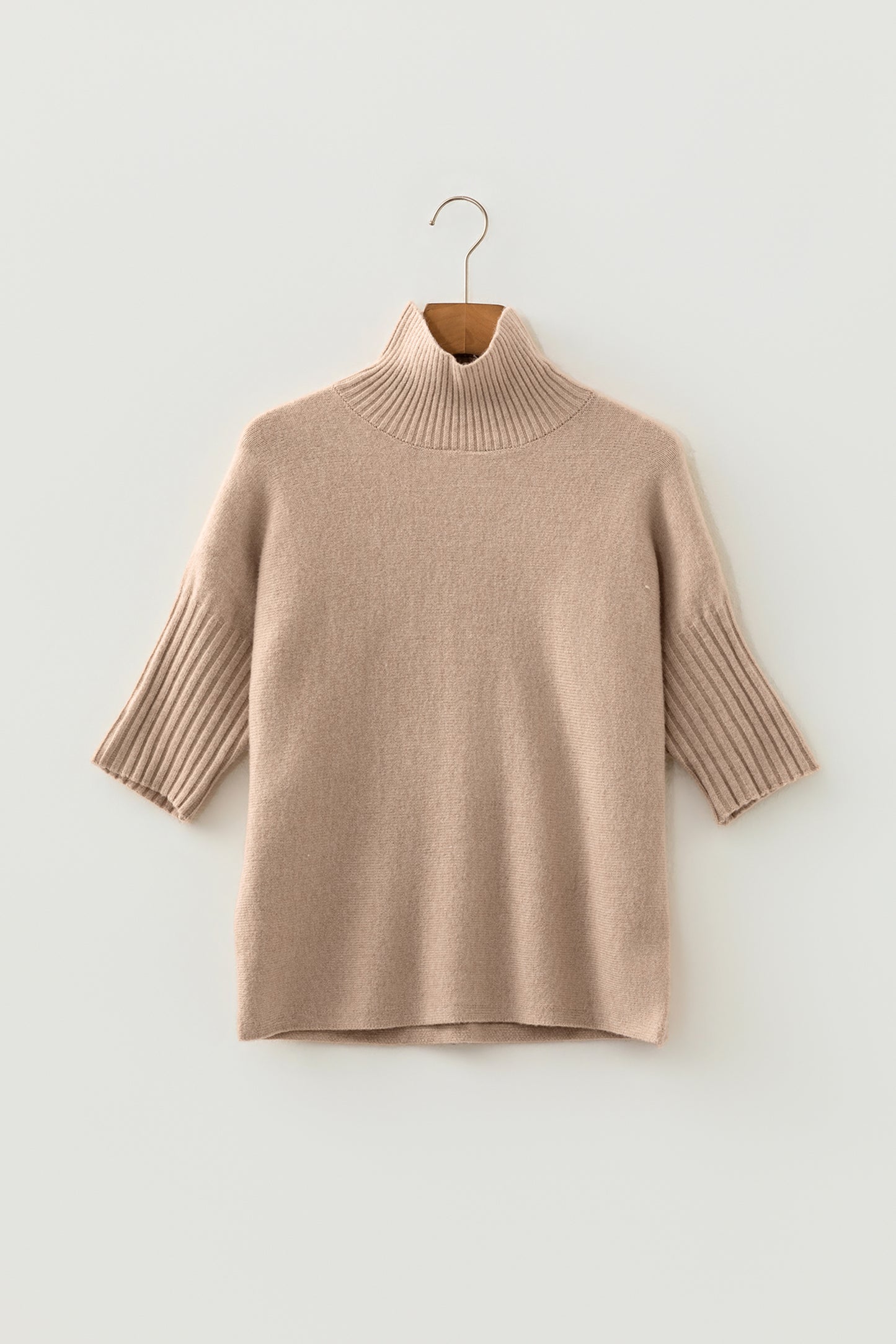 Ribbed Trim High Neck Short Sleeve Sweater