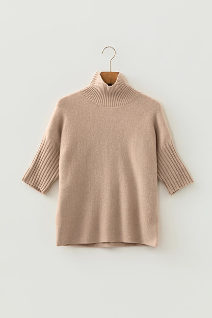 Ribbed Trim High Neck Short Sleeve Sweater
