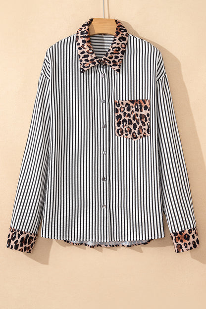 Stripe Leopard Patchwork Long Sleeve Buttoned Shirt