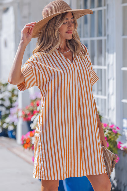Stripe Pleated Frilled V-Neck Mini Dress