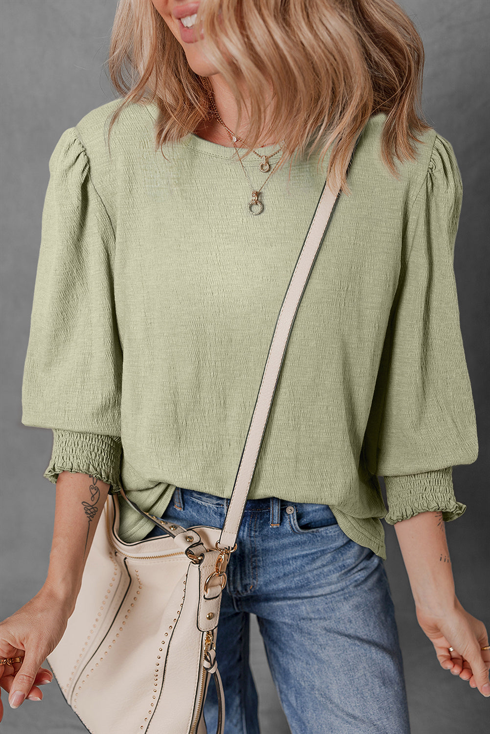 Textured 3/4 Puff Sleeve Blouse