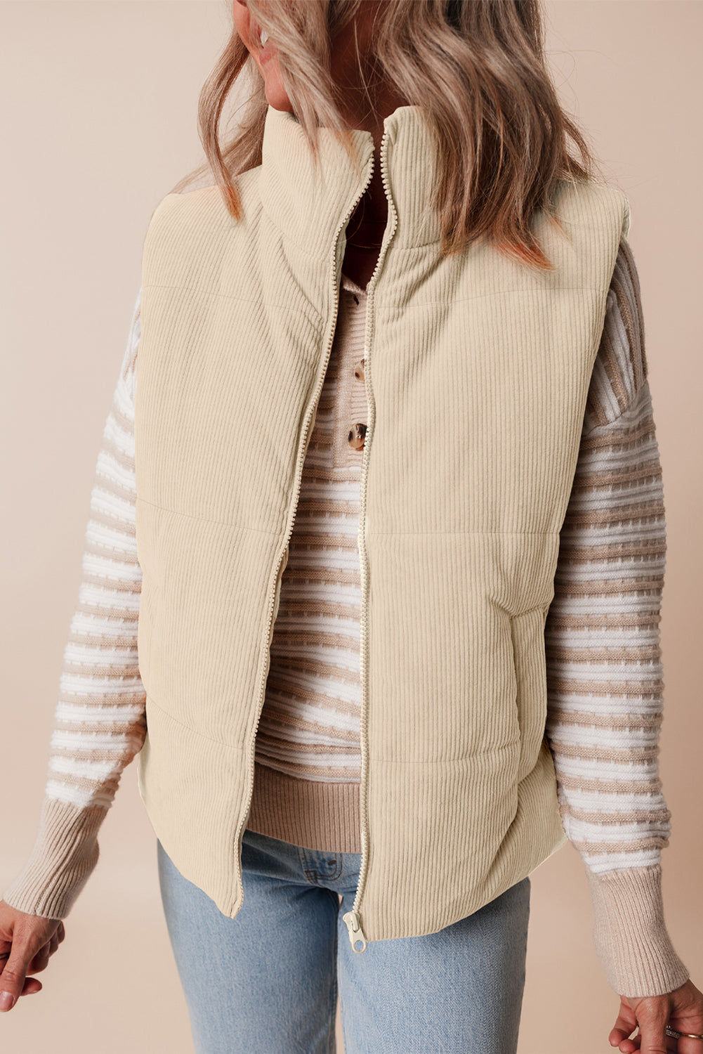 Corduroy Stand Neck Zipped Puffer Vest