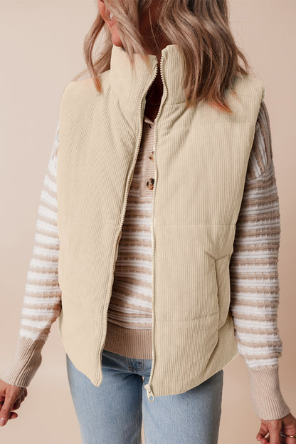 Corduroy Stand Neck Zipped Puffer Vest