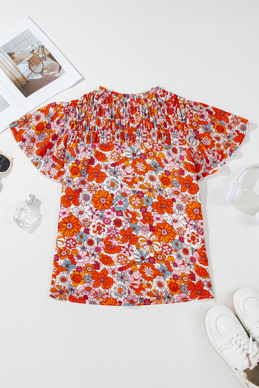 Floral V-Neck Pleated Ruffle Short Sleeve Blouse