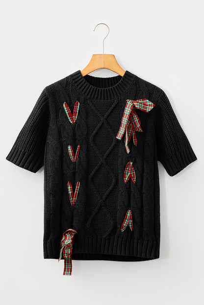 Christmas Plaid Lace-Up Puff Sleeve Sweater