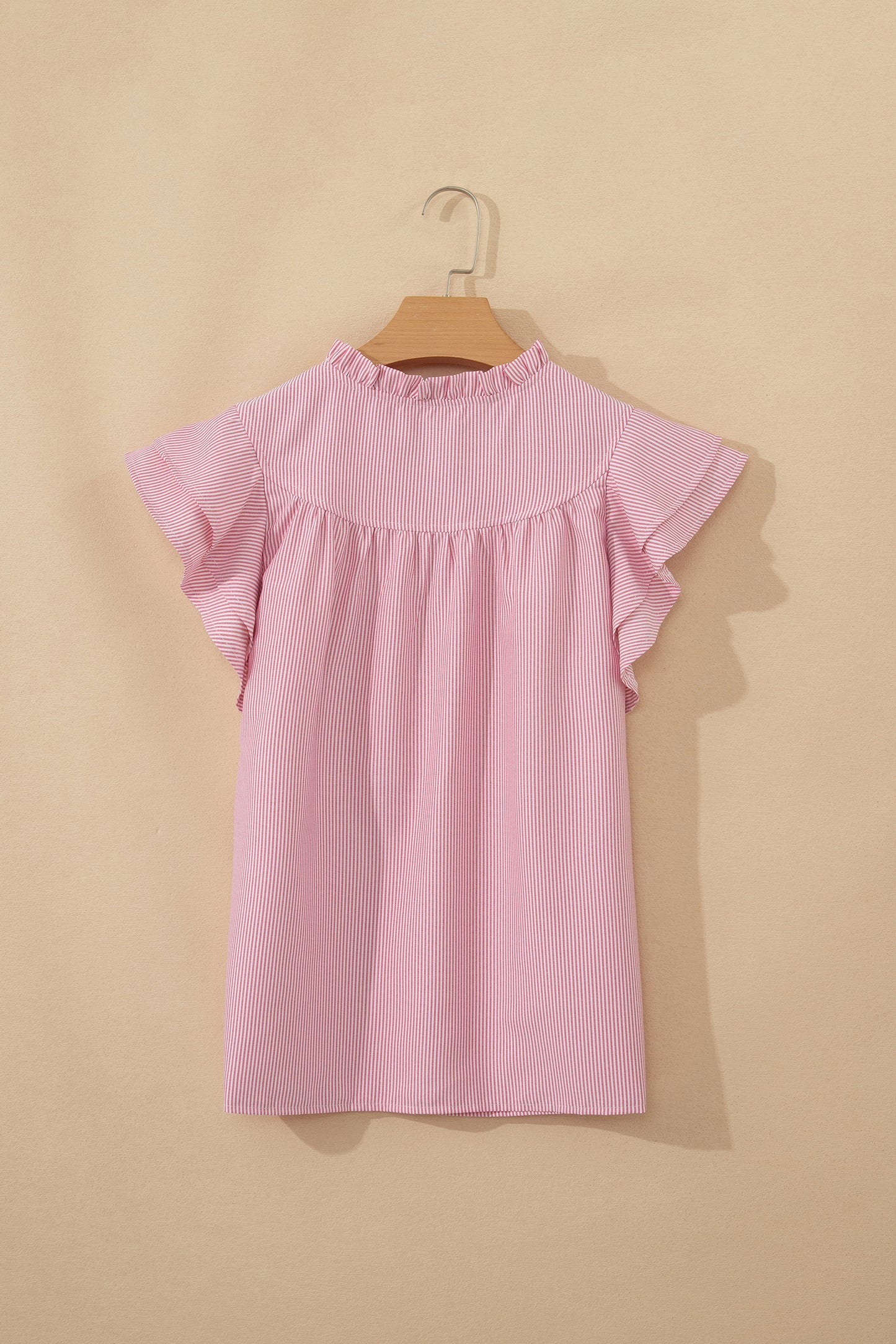 Stripe Frilled Split Neck Ruffle Sleeve Blouse