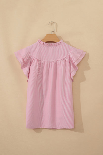 Stripe Frilled Split Neck Ruffle Sleeve Blouse