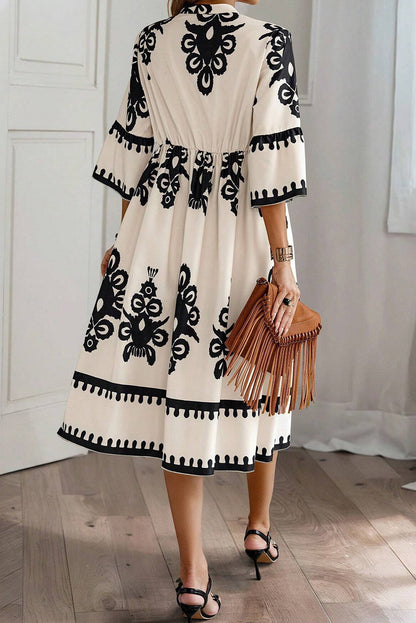 Western Geometric 3/4 Sleeve Midi Dress