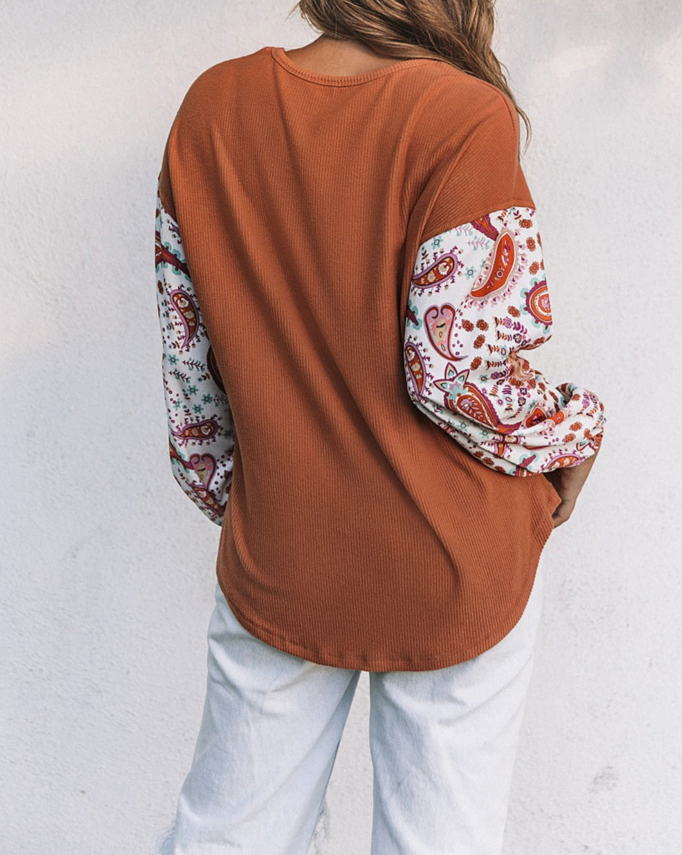 Paisley Bubble Sleeve Ribbed Top