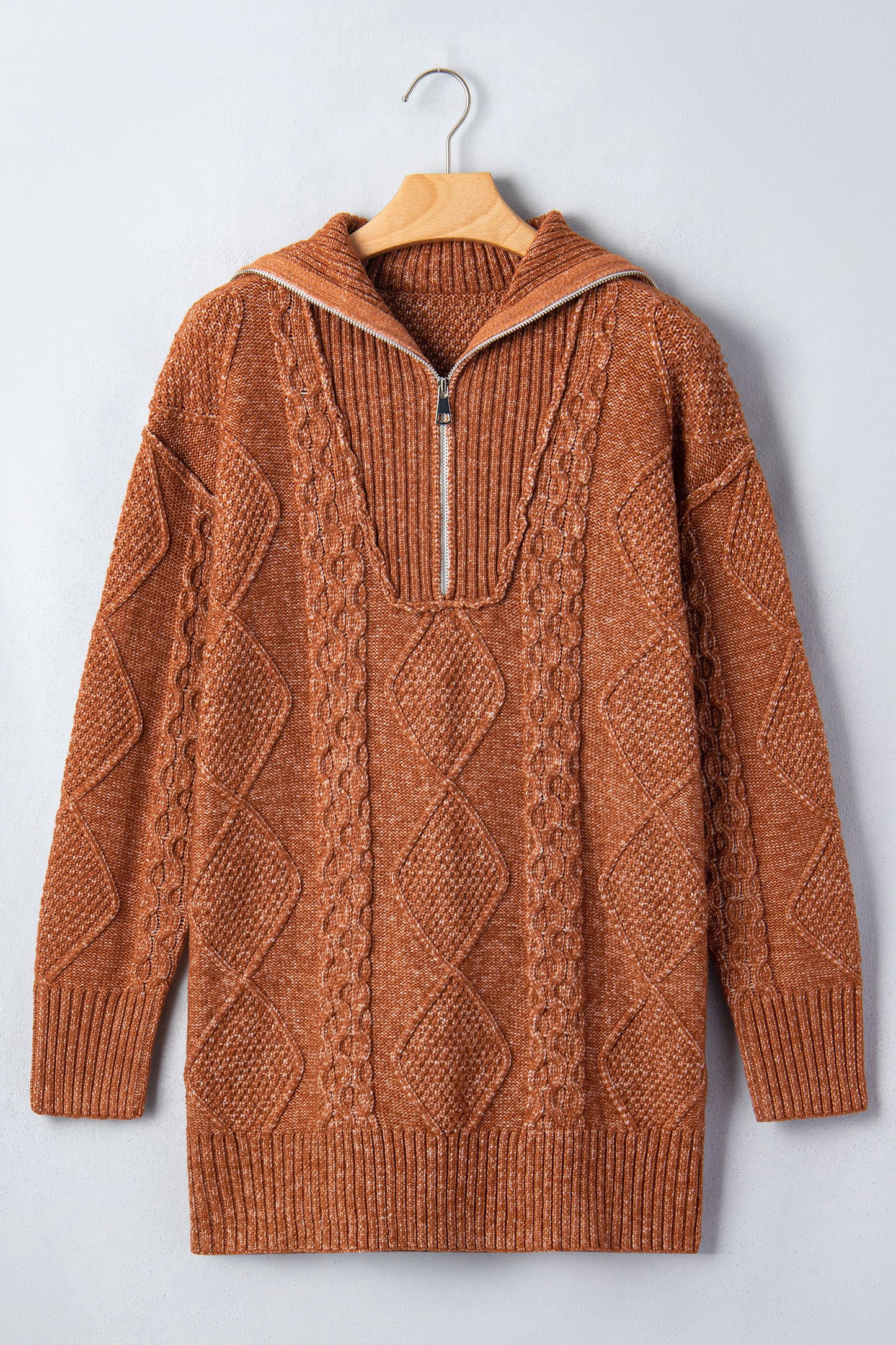 Solid Cable Knit Zip-Up Collar Long Sleeve Sweater Dress